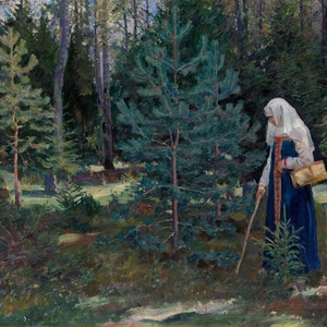Sergei Vinogradov - Gathering Mushrooms in the Forest 1927 Museum Quality Rolled Oil Painting Reproduction (D5060)