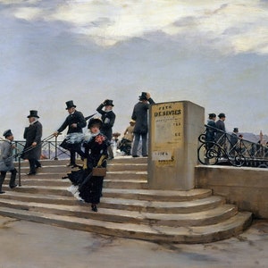 Jean Beraud - Un jour de vent sur le Pont des Arts (1880) Reproduction de peinture à l'huile laminée de qualité musée (D4060)