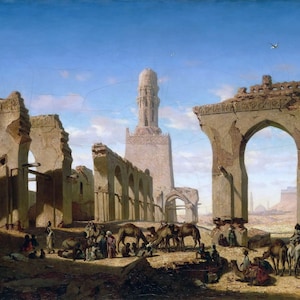 Prosper Marilhat - Ruins of the Mosque of Caliph El-Hakem in Cairo (1840) Museum Quality Rolled Oil Painting Reproduction (D4060)