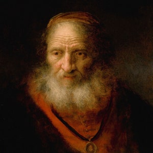 May include: A portrait painting of an older man with a long white beard. He is wearing a red robe with a black cord and a gold medallion. The painting is done in a realistic style with a dark background.
