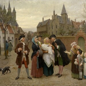 Felix De Vigne - Bautismo en Flandes en el siglo XVIII (1862) - Reproducción de calidad de museo de pintura al óleo enrollada (D4060)