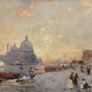 Franz Richard Unterberger - Tramonto a Santa Maria della Salute, riproduzione di un dipinto a olio su tela di qualità museale (D3060)