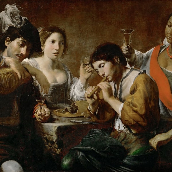 Valentin de Boulogne - Rencontre dans une taverne c1625 Musée Qualité Peinture à l’huile Reproduction (D4560)