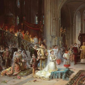 May include: A wedding ceremony taking place in a large, ornate church. The bride and groom are kneeling at the altar, surrounded by guests in period clothing. The scene is filled with rich colours and details, including stained glass windows, ornate chandeliers, and a large, wooden pulpit.