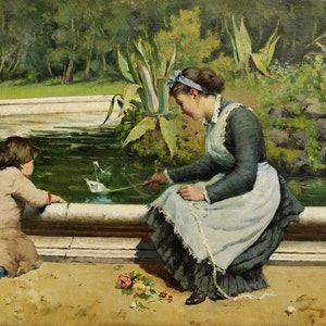 May include: A woman in a blue and white dress sits by a pond with a young child. The child is watching a paper boat float on the water. The scene is painted in a realistic style with soft colors.