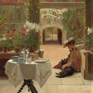 May include: A woman in a straw hat sits on a tiled floor in a sunroom with a black cat. A table with a white tablecloth is set with teacups, a teapot, and a plate of cookies. The sunroom has a large window with a view of a garden.