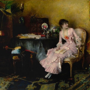 May include: An oil painting depicts a woman in a pink dress seated in a gilded chair, holding a book. A child in a yellow shawl stands nearby. The room features a table with papers, a hat, and a potted plant, with a patterned rug.