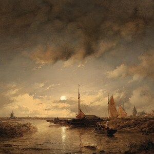 Remigius Adrianus van Haanen (1812-1894) - A Canal Scene at Dusk, Museum Quality Rolled Oil Painting Reproduction (D5060)