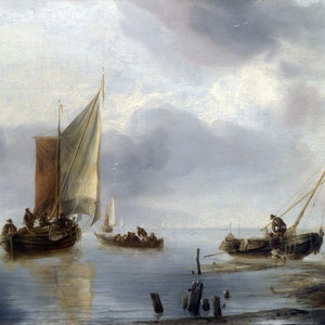 Jan van de Cappelle - A Small Vessel in Light Airs, and Another Ashore (ca. 1650-60) Museum Quality Rolled Oil Painting Reproduction (D4060)