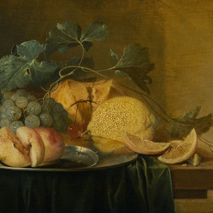 Jan de Heem - Still Life with a Whole and a Halved Peach on a Pewter Plate Museum Quality Rolled Oil Painting Reproduction (D4060)
