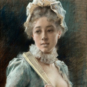 Albert Edelfelt - Giovane donna con ventaglio (1884) Riproduzione di un dipinto a olio su lastra di qualità museale dipinto a mano (D6050)