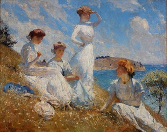 May include: Four women in white dresses are gathered on a grassy hillside overlooking a body of water. The sky is blue with white clouds. The women are looking out at the water, and one is holding her hand to her forehead as if she is shading her eyes from the sun.