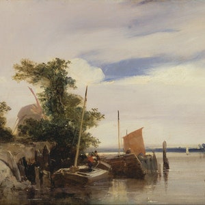 Richard Parkes Bonington - Barges on a River (1826) Museum Quality Rolled Oil Painting Reproduction (D4060)