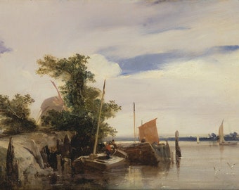 Richard Parkes Bonington - Barges on a River (1826) Museum Quality Oil Painting Reproduction (D4060)