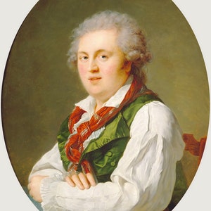 May include: A portrait painting of a man with white hair wearing a white shirt, a green vest, and a red and white patterned scarf. The man is sitting with his arms crossed and looking directly at the viewer.