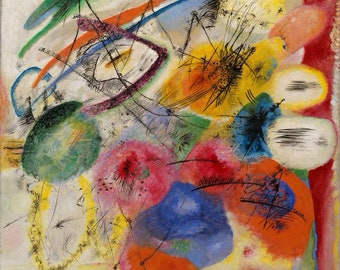 May include: Abstract painting with a white background and colorful shapes. The shapes are mostly circular and oval, with some being more free-form. The colors used are bright and vibrant, including red, yellow, blue, green, and purple. There are also black lines and strokes throughout the painting, adding to the abstract and dynamic feel.