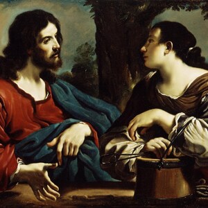 Giovanni Francesco Barbieri - Christ And The Woman Of Samaria ca.1619-20 Museum Quality Rolled Oil Painting Reproduction (D4560)