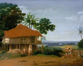 May include: A painting depicting a rural scene in a tropical climate. A wooden house with a red tile roof stands on stilts. Several people are gathered in the foreground, some carrying baskets. Lush green trees and a distant view of a river complete the scene.
