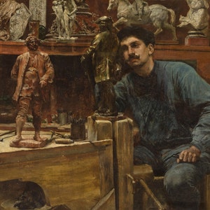 Charles Frederick Ulrich (1858 - 1908) - Sculptor in Studio, Museum Quality Rolled Oil Painting Reproduction (D5060)