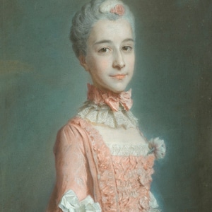 Attribuée à Maurice-Quentin de La Tour - Dame en robe rose, reproduction peinte à la main de peinture à l'huile laminée de qualité muséale (D6050)