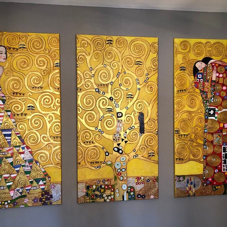 Gustav Klimt Lebensbaum Handgemalt Gold Struktur Ölgemälde Museum Qualitäts reproduktion D4060 Stretched Triptych