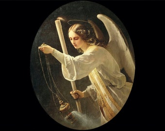 May include: A painting of an angel with wings, holding a censer and a candle. The angel is wearing a white robe with gold trim and has a halo above their head. The background is dark and the angel is illuminated by the candle.