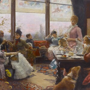 May include: A painting depicting a group of people gathered in a room with large windows. The people are dressed in elegant clothing from the early 1900s and are enjoying tea and conversation. The room is decorated with floral arrangements and a patterned rug.