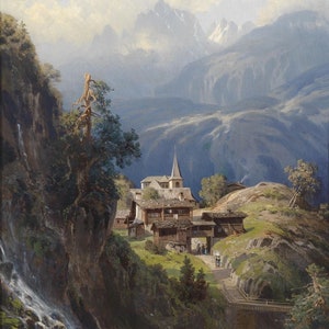 Adolf Mosengel Village in the Bernese Alps 1885 Museum Quality Rolled Oil Painting Reproduction (D6045)