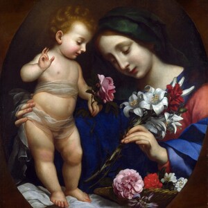 Carlo Dolci - The Virgin and Child with Flowers (after 1642) Hand Painted Museum Quality Rolled Oil Painting Reproduction (D6050)