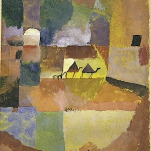 May include: An abstract watercolor painting with geometric shapes in shades of brown, yellow, green, blue, and purple. Three black camels are walking across a yellow field.