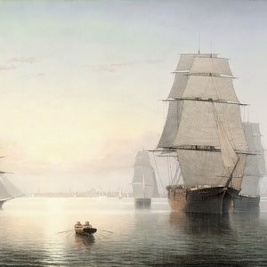 Fitz Henry Lane - Boston Harbour, Sunset 1850-55 Museum Quality Rolled Oil Painting Reproduction (D3560)