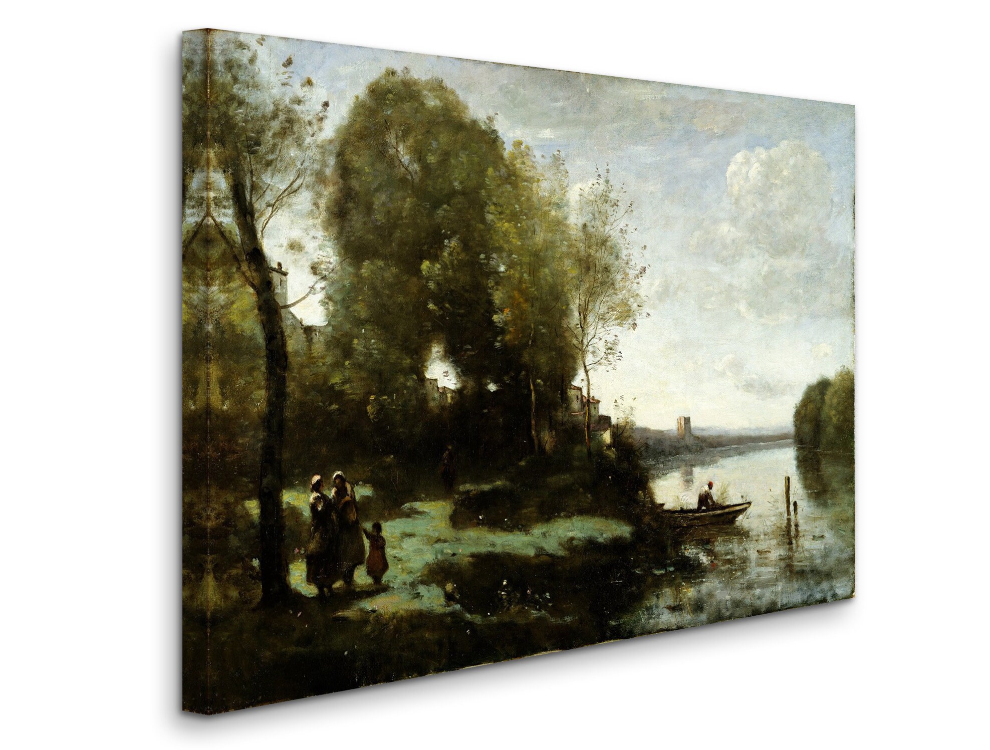 Tableau Toile Camille Corot - Rivière Avec Une Tour Lointaine - Prêt à Accrocher - Neuf