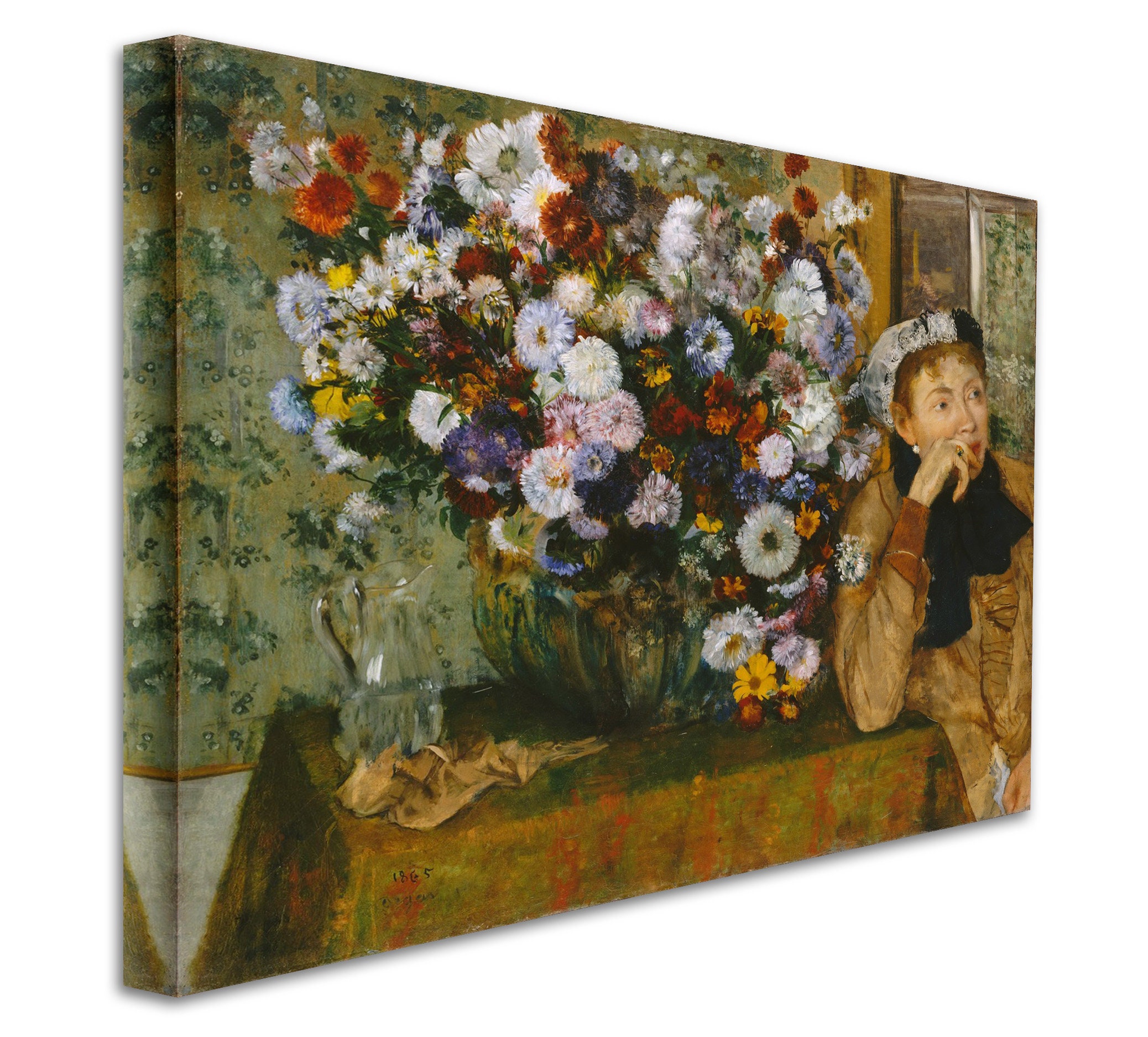 エドガー・ドガ - 花瓶の花の横に座る女性 1865年 美術館品質の