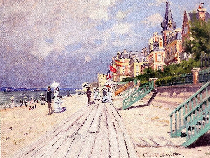 Claude Monet, The Boardwalk at Trouville 1870 Museum Quality Rolled Oil Painting Reproduction (D4560)