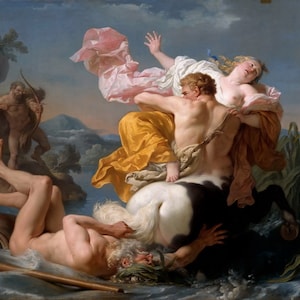 May include: A painting depicting a mythological scene with a woman riding a centaur, a man falling into the water, and another man with a bow and arrow in the background. The woman is wearing a white dress and a pink shawl, and the centaur is white and black. The man in the water is holding onto a piece of wood.