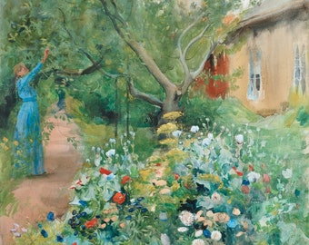 May include: A watercolor painting of a woman in a blue dress standing in a garden with a white building in the background. The garden is filled with colorful flowers and green foliage.