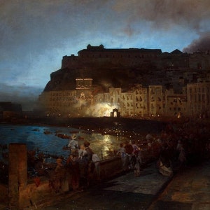 Oswald Achenbach - Fireworks in Naples (1875) Museum Quality Rolled Oil Painting Reproduction (D4060)