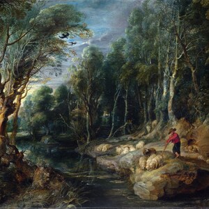 Peter Paul Rubens -  A Landscape with a Shepherd and his Flock (1638) Museum Quality Rolled Oil Painting Reproduction (D4060)