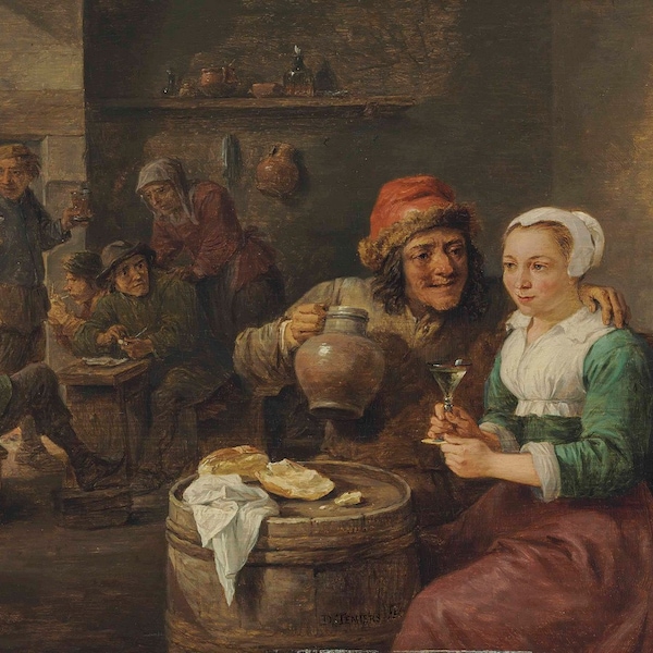 David Teniers II – Homme avec une cruche de bière et une jeune femme dans une taverne (entre 1630 et 1690) – Peinture à l'huile de qualité musée (D4060)