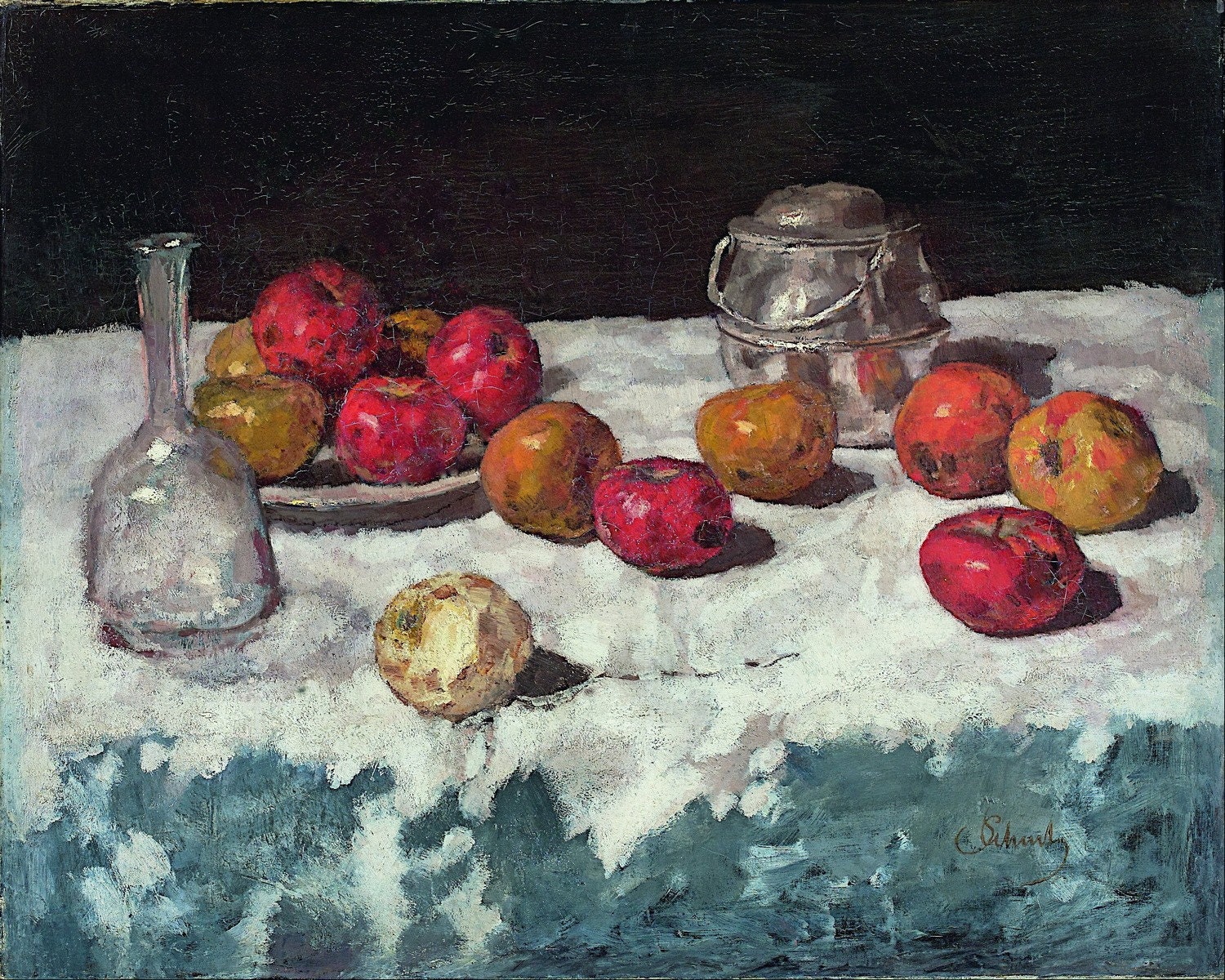 カール・シュッフ - リンゴのある静物画 1889年 美術館品質のロールド