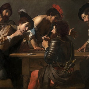 Valentin de Boulogne - Soldaten beim Kartenspiel und Würfeln (Die Betrüger) (1618-20) Museumsqualität Ölgemälde Reproduktion (D4560)