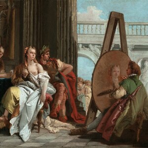 May include: A painting depicting a scene of an artist painting a portrait of a woman. The artist is seated on a stool, facing a round canvas on an easel. The woman is seated in the background, with two other figures standing nearby. The painting is set in a room with a large window, and the light is coming in from the left side of the painting.