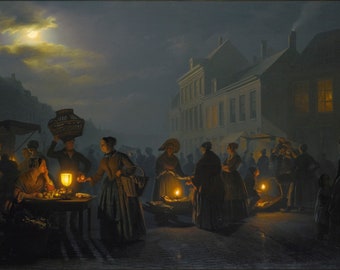 Petrus van Schendel (1806-1870)- A Market at Dusk, Museum Quality Oil Painting Reproduction (D4060)
