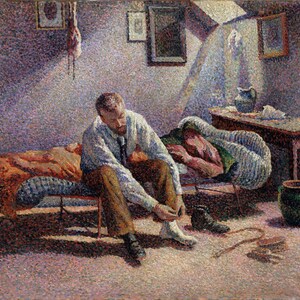 May include: A painting depicting a man seated on a bed, putting on a sock. He is wearing a white shirt and brown trousers. The bed is covered with a patterned blanket. In the background, there is a table with a vase and a pitcher on it.