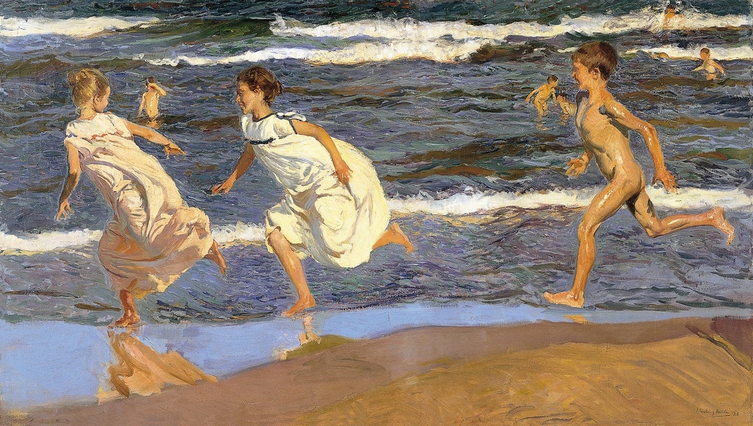 Joaquin Sorolla 油彩画 Joaquin Sorolla Y Bastida - Running Along the Beach 1908