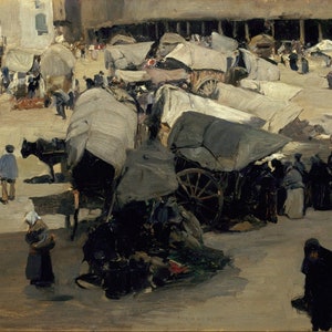 Jaume Morera i Galícia - Market in Santa Coloma de Queralt 1854–1927 Museum Quality Rolled Oil Painting Reproduction (D3560)