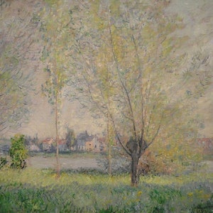 Puede incluir: Una pintura de un paisaje con un río en primer plano y un pueblo en el fondo. Los árboles en primer plano son de color verde claro y el cielo es de color azul claro.