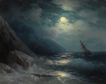 May include: A dramatic seascape painting depicts a moonlit night with a ship in distress. The dark, turbulent sea contrasts with the bright full moon. Rocky cliffs and crashing waves add to the painting's dramatic atmosphere. The artwork is signed in the lower left corner.