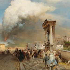 Oswald Achenbach - The Eruption of Vesuvius 1890 Museum Quality Rolled Oil Painting Reproduction (D5060)