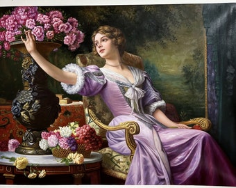 ピンクのドレスを着た女性と花（アザリアを持つ女性